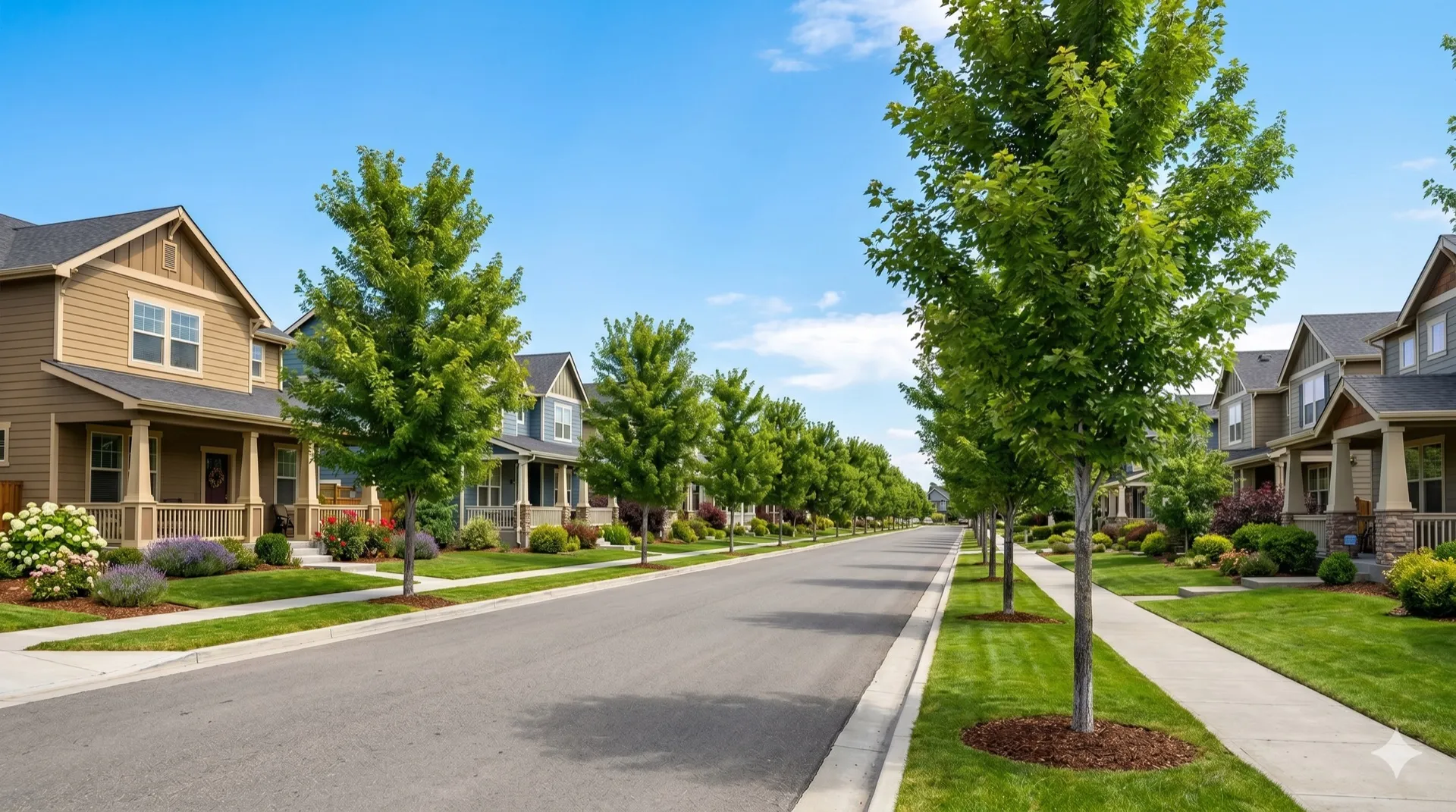 Tree-lined residential street in a Meridian, Idaho neighborhood